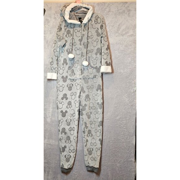 Disney Mickey Mouse Hooded Womens Large One piece Pajamas Hood Ears Pom-Poms Zip - Picture 2 of 13